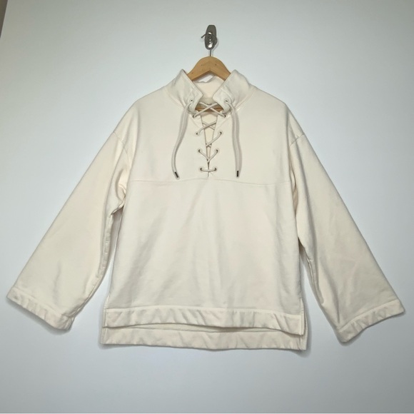 Madewell Lace-Up Oversize Sweatshirt. Cream Color. Size Small. - Picture 2 of 7